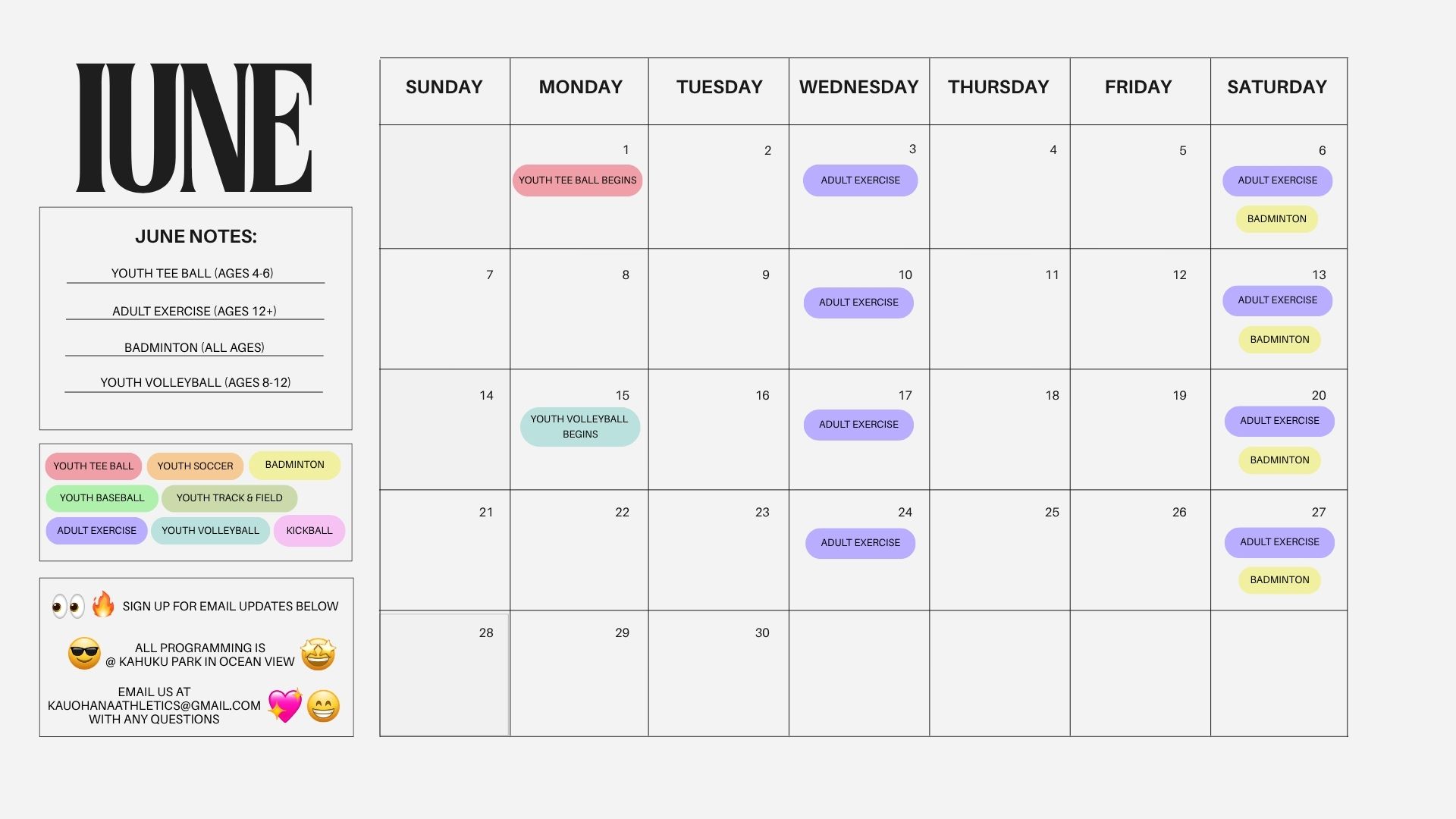 Kaʻū ʻOhana Athletics Calendar 2
