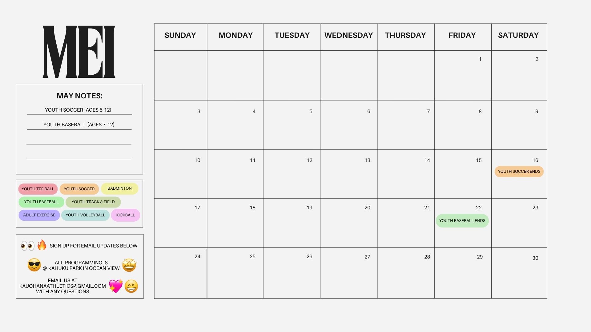 Kaʻū ʻOhana Athletics Calendar 1